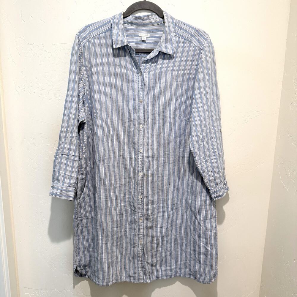 J Jill Love Linen Long Sleeve Shirt Dress Womens Plus 3X Blue Striped Button Up